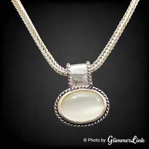Silver Tone White Cat Eye Pendant Necklace Wheat Chain Signed KC